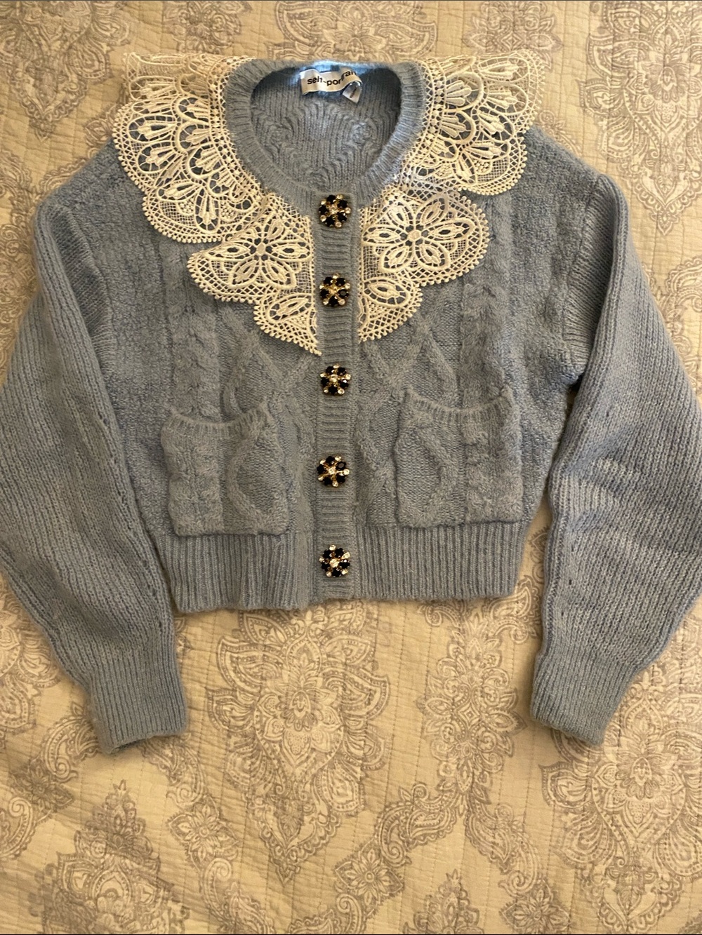 Self-Portrait Pale Blue Cable-Knit Cardigan with Lace Collar
